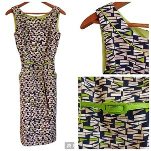 London Times Blue Green Belted Sleeveless Shift Dress - Size 6, NWT - Geometric